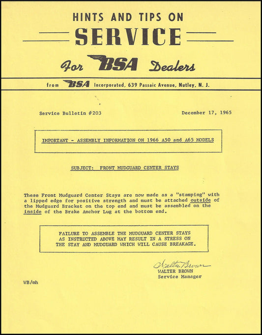 Service Bulletin For 1966 BSA Fender Center Stay