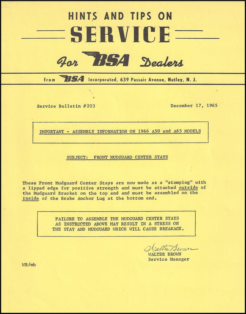 Service Bulletin: BSA A65 Front Mudguard Center Stays