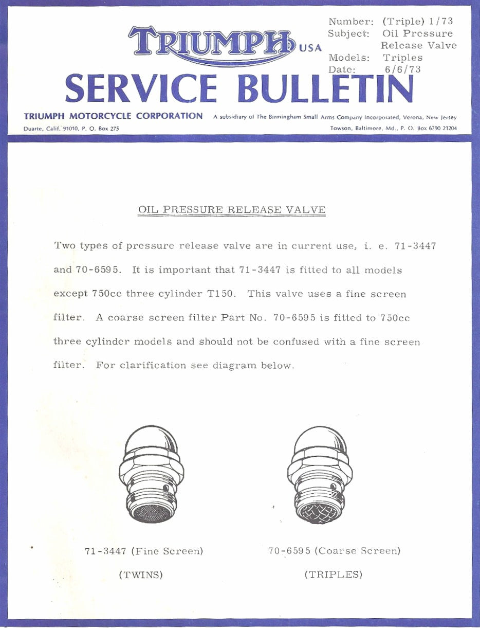Triumph Oil Pressure Relief Valve Service Bulletin