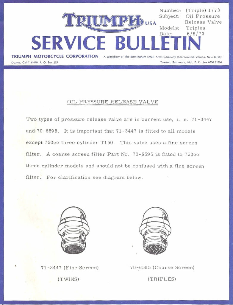 Service Bulletin: Oil Pressure Relief Valve