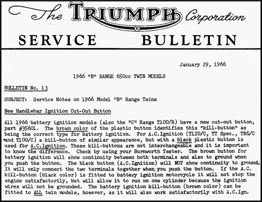 1968 Triumph Service Bulletin Cut-Out Switch